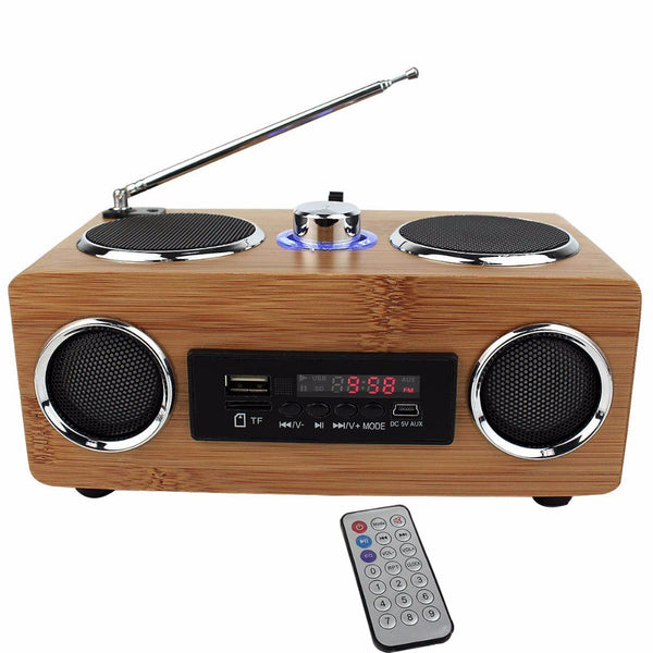 FM Radio Bass Stereo Bamboo Multimedia Speaker TF Card /USB/FM Radio / MP3 Player+Remote Control Radio Recorder Portable Y4113O